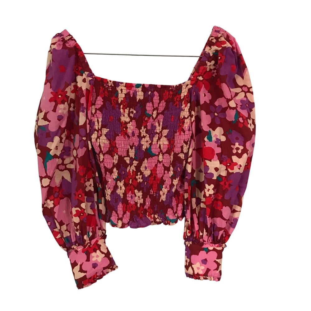 Free People Blouse Top Extra Small Womens Floral Red Pink Purple Gathered Bodice